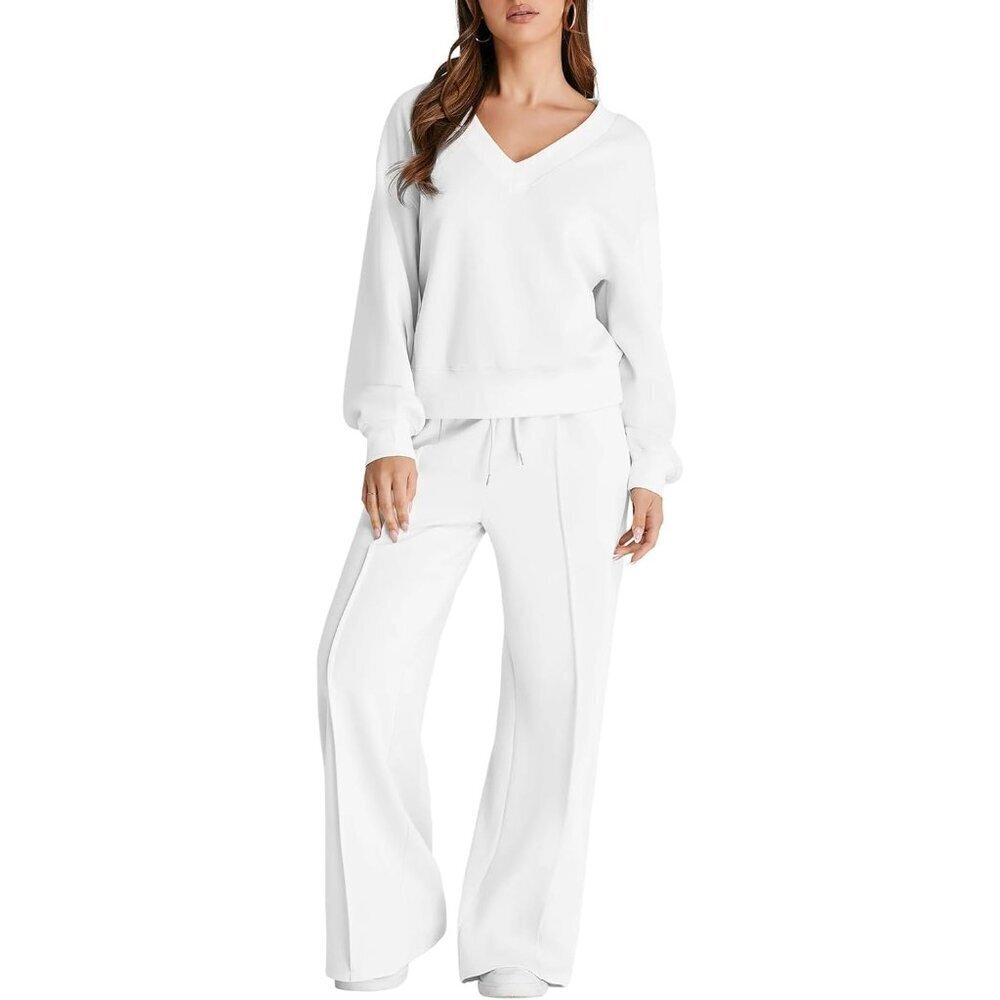 Women Sweatsuit 2 Piece Set V Neck Top Wide Leg Pants Casual Lounge Wear